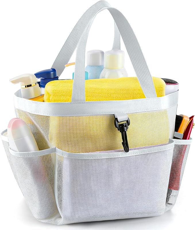 LOYEE Mesh Shower Caddy Portable for College Dorm Room Essentials with 8 Pockets, Shower Bag for Beach, Swimming, Gym, Travel, Bathroom(All white) by LOYEE