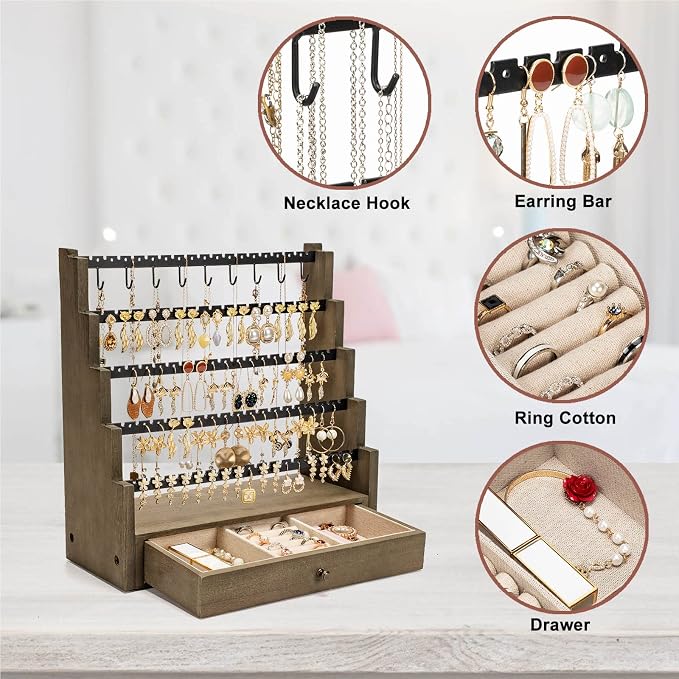 Pinzoveco Earring Organizer, 5 Layer Earring Holder Organizer with Necklace Holder Pole, Rustic Wood Jewelry Organizer Stand Display for Stud Earring Bracelet Necklace Ring, 175 Earring Holes - Image 5