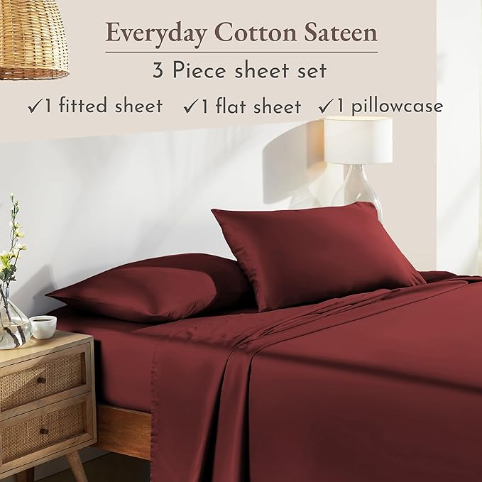 California Design Den Natural 100% Cotton Bed Sheets Twin Size Set - Soft Sateen Twin Sheets Set with 12" Pockets, Breathable and Durable Bedding for Dorm Rooms, College (Brick Red)