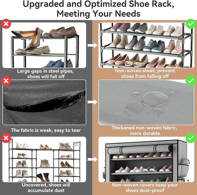LANTEFUL Shoe Rack with Covers 10 Tier Tall Shoe Rack Organizer Large Capacity Shoe Shelf Storage 40 Pairs Space Saving Free Standing Shoe Storage Organizer for Closet, Entryway, Dorm, Grey - Image 6