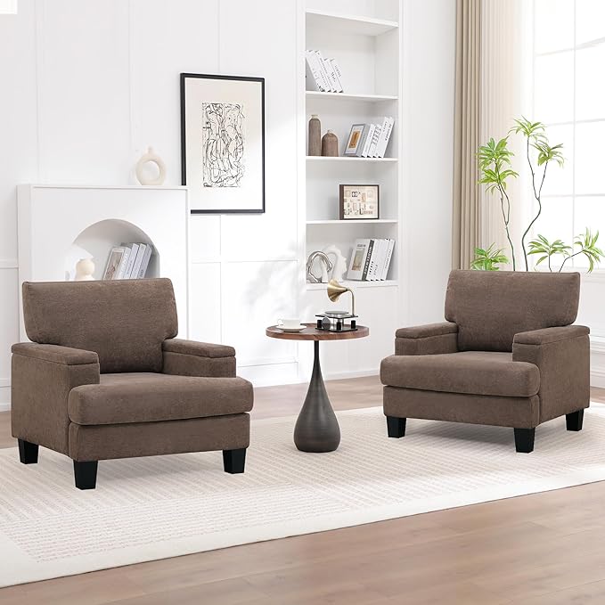 Oversized Accent Chair Set of 2 with Storage Armrest, Modern Upholstered Reading Living Room Chairs, Comfy Large Armchair, Fabric Single Sofa Chair for Bedroom (Dark Brown)