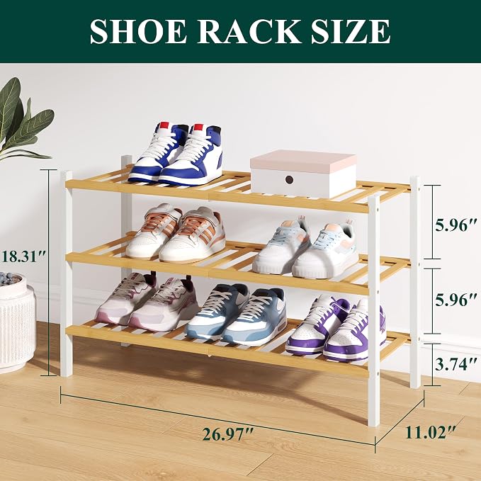 Smiry Bamboo Shoe Rack for Closet, 3 Tier Wooden Stackable Shoe Organizer, Free Standing Shoes Storage Shelf for Entryway, Front Door Entrance, Natural & White - Image 2