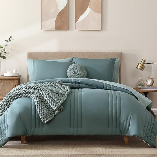 Monbix Oversized King Size Comforter Set - 7 Pieces Blue Green Bed in a Bag Oversized King Bedding Sets with Comforters, All Seasons Comforter Bed Set with Sheets, Pillowcases & Shams