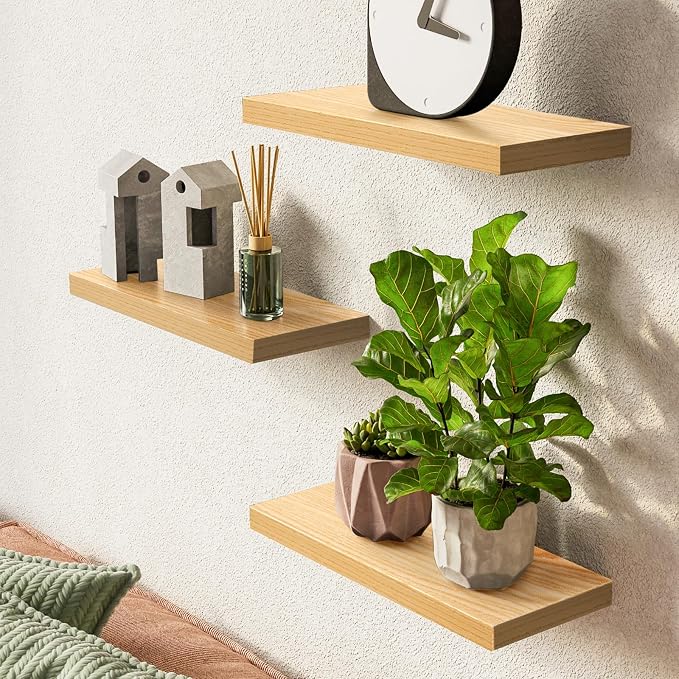 BAYKA Floating Shelves for Wall, Wall Mounted Rustic Wood Shelves for Bathroom, Bedroom, Living Room, Kitchen,Small Hanging Shelf for Books/Storage/Room Decor (Light Oak-Toned, Set of 3, 15.7in) - Image 2