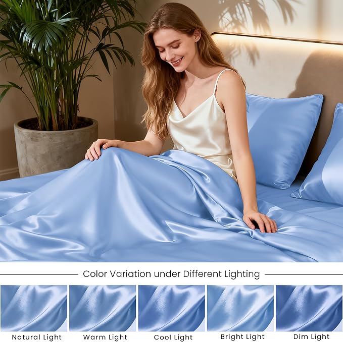 Love's cabin Twin XL Satin Sheet Sets - 3 Piece Sky Blue Silky Bed Sheets with Deep Pockets, Luxury Silk Feel Satin Sheet Set Twin XL (1 Flat Sheet,1 Fitted Sheet,1 Pillow case)
