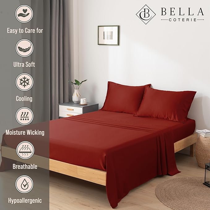 Bella Coterie Luxury Bamboo Viscose Full Size Sheet Set | 100% Organically Grown | Ultra Soft | Cooling for Hot Sleepers | 18" Deep Pocket [Merlot]