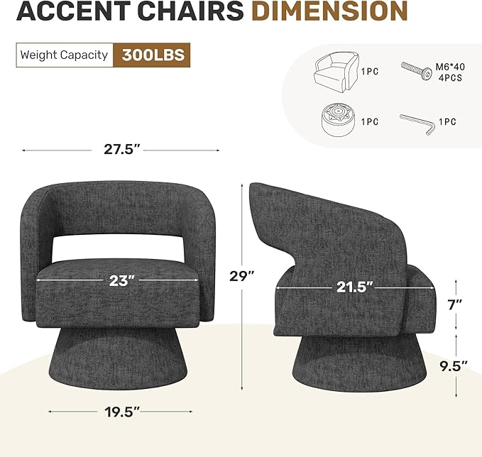 Nebuaegis Swivel Accent Chair Set of 2, Modern Comfy Chenille Barrel Chairs, Oversized Upholstered Round Arm Chair for Living Room, Bedroom, Reading Room, Black