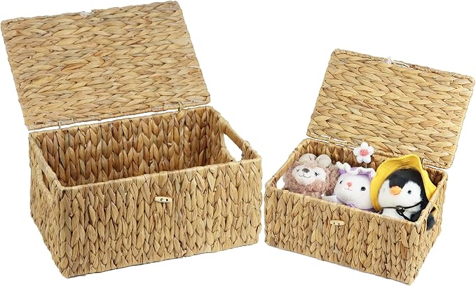 ORDELITE Set of 2 Wicker Basket with Lid, Rectangular Water Hyacinth Storage Baskets for Organizing, Decorative Woven Basket Bins Boxes for Organizing Home by ORDELITE