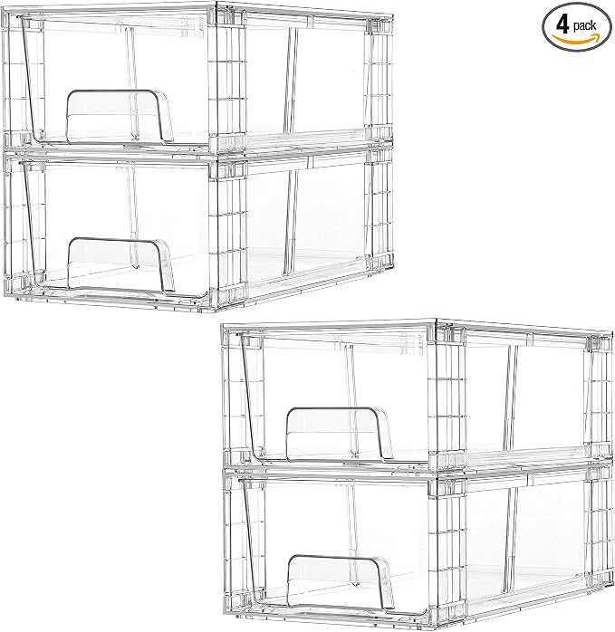 Vtopmart 4 Pack Stackable Storage Drawers,Clear Acrylic Drawer Organizers with Handles, Easily Assemble for Fridge, Bathroom,Kitchen Undersink,Cabinet,Pantry Organization and Storage by Vtopmart