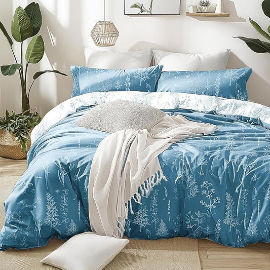 Love's cabin Mineral Blue Comforter Set Queen - Queen Size Comforter Set, 3 Pieces Cute Floral Bedding Sets for All Seasons,1 Soft Reversible Botanical Flowers Comforter and 2 Pillow Shams