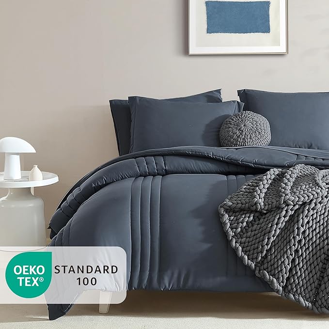 Monbix California King Size Comforter Set - 7 Pieces Bed in a Bag Cal King, Blue Grey Bedding Sets with Comforter, All Seasons Comforter Bed Set with Sheets, Pillowcases & Shams