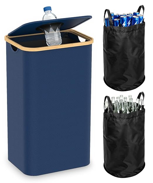 Recycling Bins for Kitchen, 26 Gallon (100L) Recycle Bin with lid, Indoor Oxford Fabric Recycling Trash Can with 2 Pack Removeable and Reusable Inner Bags for Bottle Can Glass Plastic Sticker, Blue by Magicheap
