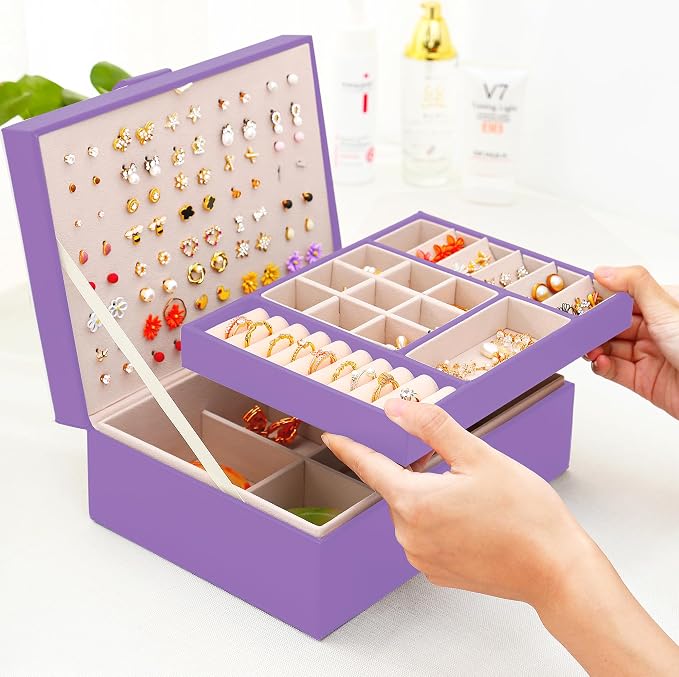 Earrings Jewelry Box for Girls, Large Capacity Jewelry Organizer with 40-Pair Earring Board, 2-Layer Leather Jewelry Storage Box for Necklaces Rings Bracelets with Removable Tray(Gift Idea),Purple - Image 9