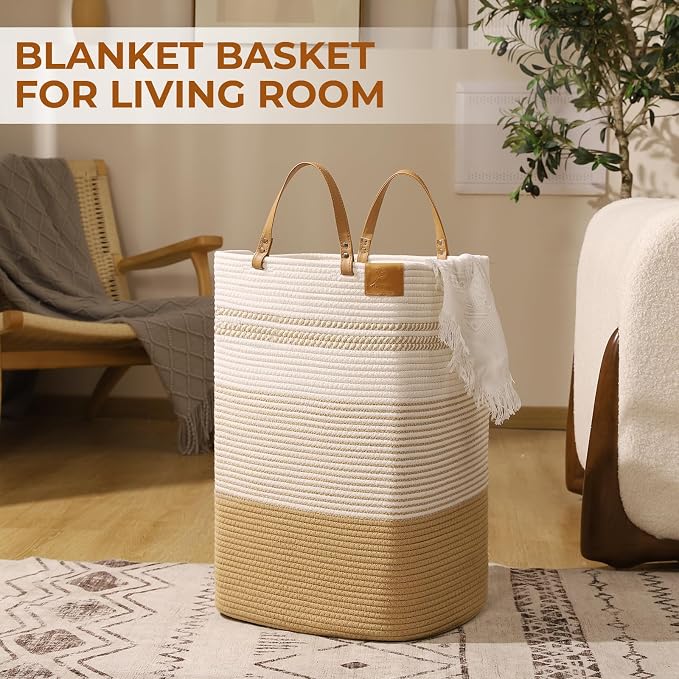 danpinera 100L Nursery Hamper, Tall Woven Laundry Basket with Long Leather Handles, Boho Laundry Hamper for Living Room & Bedroom, Eco-friendly & Convenient Decorative Storage Basket White & Jute - Image 5