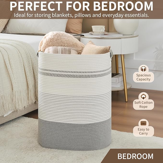 AINUOQI Laundry Basket with Handles - Blanket Basket & Hampers for Bedroom Aesthetic, Laundry Hamper & Blanket Storage for Living Room, Clothes Hamper, Tall, Large 17" x 14" x 22”, Grey - Image 6