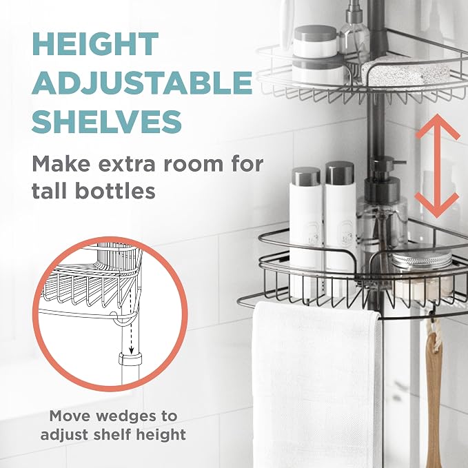 Zenna Home Tension Pole Shower Caddy Corner Organizer, Adjustable Standing Shower Caddy with 4 Baskets and Built in Towel Bar, Rust Resistant Bathroom Tension Rod Organizer, 60 to 97 Inch, Bronze - Image 4