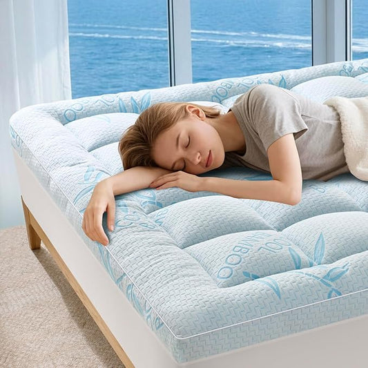 Full Mattress Topper Viscose Derived from Bamboo,Breathable and Soft Extra Thick Pillow Top Mattress Pad Cover for Back Pain, Deep Pocket Fits 7–21 Inch Mattress (54"x75",Blue)