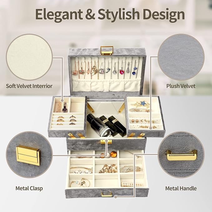 Dajasan Jewelry Organizer Box, Large Velvet Jewelry Boxes for Women Girls, Space-Saving 3 Layers Jewelry Storage Case with Drawer, Movable Metal Stand, Modern, Gift Idea (Grey) - Image 2