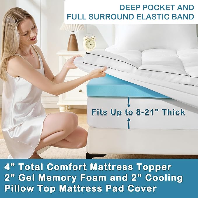 4 Inch Dual Layer Memory Foam Mattress Topper for Pressure Relief and Back Pain, 2" Gel Memory Foam and 2" Cooling Pillow Top Mattress Pad Cover, Medium Support, King Size