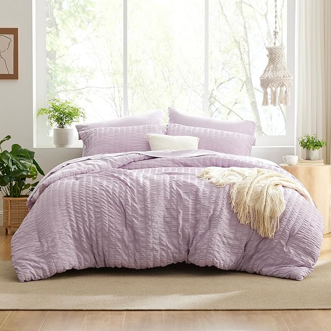 Love's cabin Seersucker Lavender King Size Comforter Set, 7-Piece All Season Lightweight Bed in a Bag Bedding Set with Comforter, Flat Sheet, Fitted Sheet, Pillowcases and Shams | Soft, Breathable, Lightweight