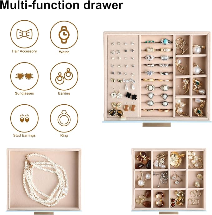 Frebeauty Clear Lid Jewelry Box,3-Layer Jewelry Organizer with Drawer,PU Leather Jewelry Organizers and Storage,Jewelry Boxes for Women,Jewelry Storage for Rings Earring Stud,Gift for Women(Sky Blue) - Image 4