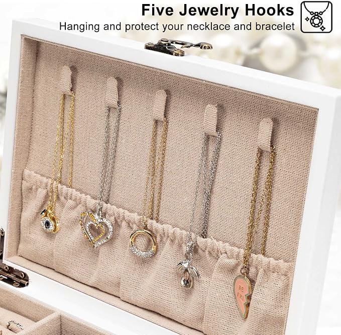 Pinzoveco Jewelry Box for Women, Rustic Wooden Jewelry Organizer Box for Storage Earrings Rings Necklace Bracelet, Farmhouse Style Wood Jewelry Boxes & Organizers (White) - Image 4