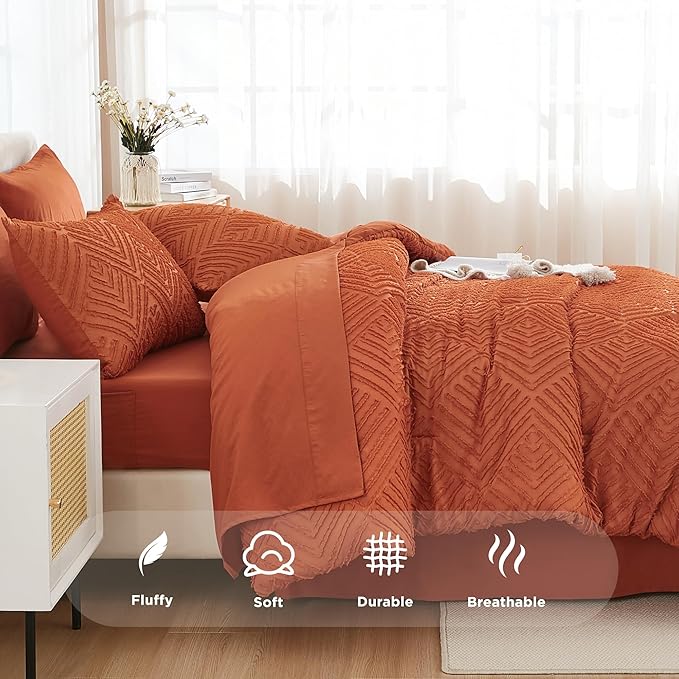 Andency King Size Comforter Set Burnt Orange - 7 Pieces Bed in a Bag King Boho Terracotta Bedding Comforter Sets, Rust Tufted Bed Set with Comforter, Sheets, Pillowcases & Shams