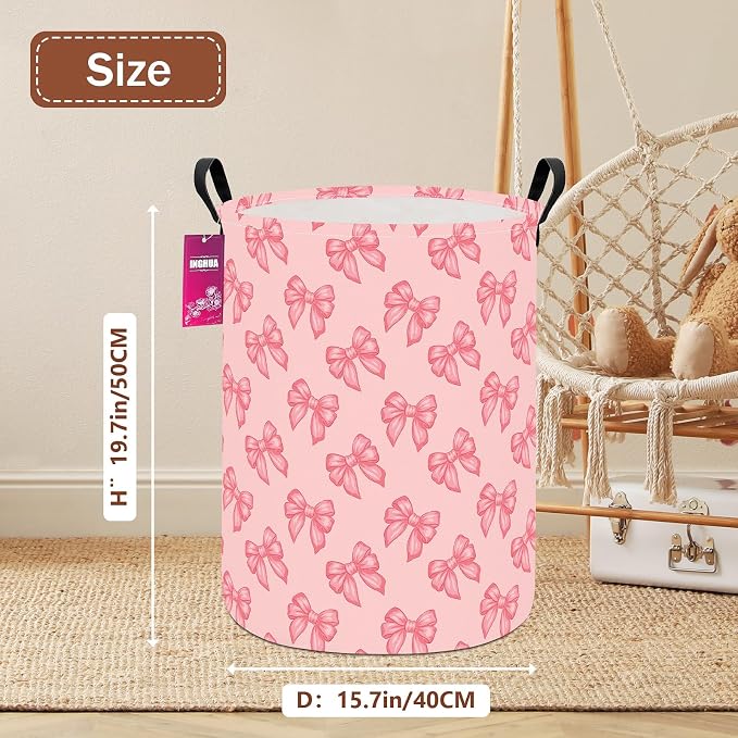 Laundry Hamper Large Canvas Fabric Lightweight Storage Basket/Toy Organizer/Dirty Clothes Collapsible Waterproof for College Dorms, Boys and Girls Bedroom,Bathroom(Pink bowknots) - Image 2