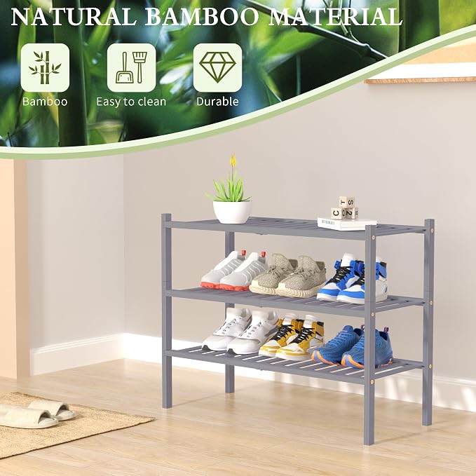 ROMGUAR CRAFT 3 Tier Bamboo Shoe Rack for Closet Free Standing Wood Shoe Shelf Storage Organizer for Entryway Small Space Stackable 27"x11"x20" (Grey) - Image 6