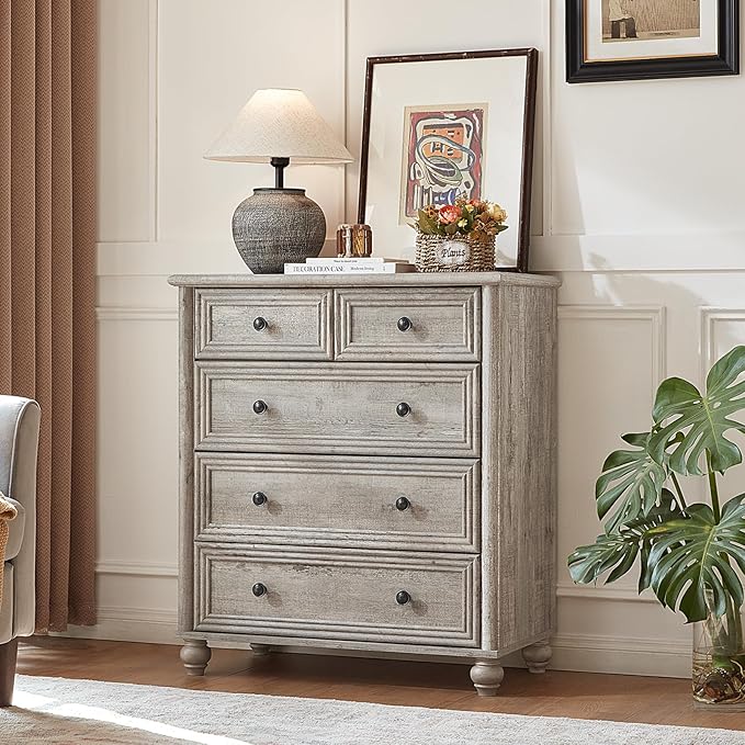 RWYHG Farmhouse 5 Drawer Dresser for Bedroom, 35.5" Tall Small Dressers & Chest of Drawers, Rustic Wood Dresser with Roman Column, Storage Organizer for Living Room, Hallway, Closet (Grey)