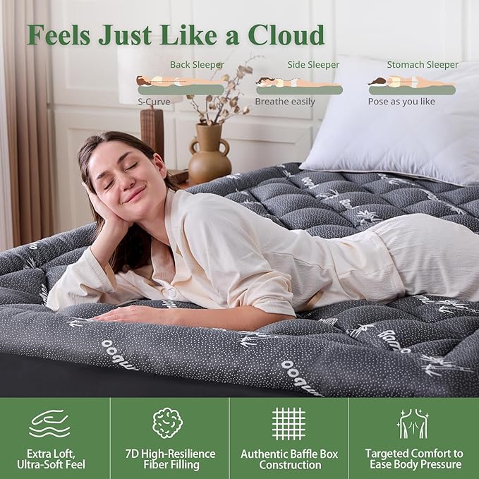 Queen Mattress Topper, Viscose Derived from Bamboo Thick Pillow Top Mattress Pad with Deep Pocket, Naturally Cooling for Hot Sleepers, Soft for Back Pain Relief, Dark Gray