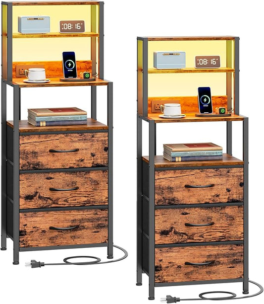 Furnulem Night Stand Set 2, LED nightstand Set of 2 with Charging Station, Bedside Table with Storage Shelf and 3 Fabric Drawers, Bed Side Table for Bedroom, Home Office, Dorm