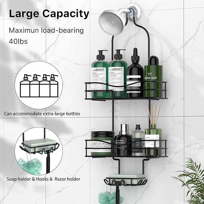 DAOYA Bathroom Shower Caddy Hanging - 3-Tier Organizer with Soap Holder & 6 Hooks for Towels, Sponge; Fits 21mm Shower Head Arm, Black - Image 3