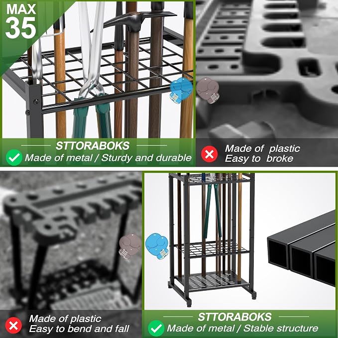 Garden Tool Organizer, Yard Tool Tower Rack for Garage Organization and Storage, Up to 35 Long-Handled Tools/Rakes/Brooms, Heavy Duty Steel Garden Tool Stand for Shed, Outdoor, Black - Image 4