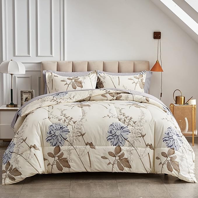 Joyreap 7 Piece Bed in a Bag California King, Flower Botanical Smooth Soft Microfiber Floral Comforter Set for All Season (1 Comforter, 2 Pillow Shams, 1 Flat Sheet, 1 Fitted Sheet, 2 Pillowcases)