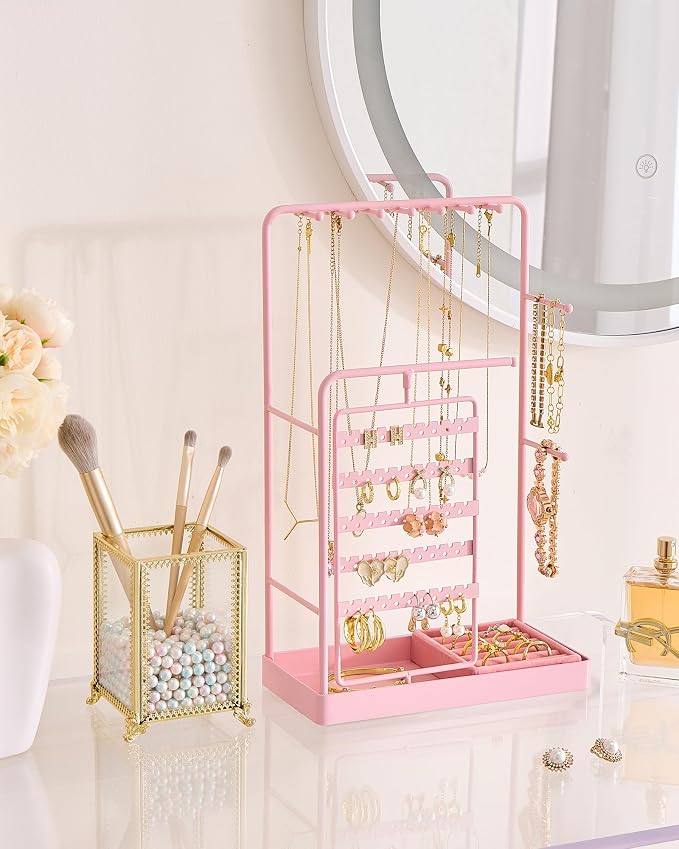 ProCase Jewelry Stand Holder Organizer, Jewelry Display Storage with Ring Tray, Rotating Earring Bracelet Necklace Holder, Valentine's Gifts Room Dorm Decor for Teen Girls -Pink (No-Assembly) - Image 2