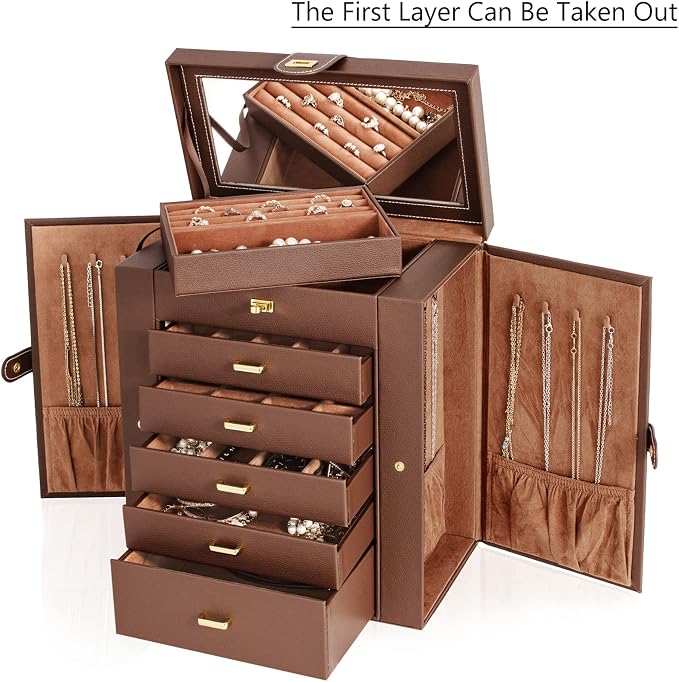 AKOZLIN Extra Large 6-Tier Jewelry Box Organizer with Mirror, 5 Drawers Leather Jewelry Storage Case for Women Girls Ring Necklace Earring Bracelet Brown - Image 2