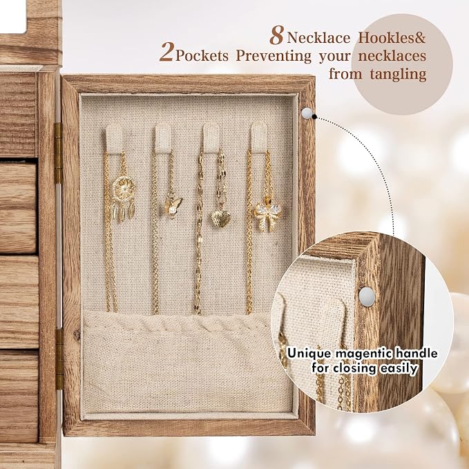 Emfogo Jewelry Box for Women Wooden Jewelry Boxes & Organizers 5-Layer Rustic Large Jewelry Organizer Box with Mirror & 8 Drawers for Rings Earrings Necklaces Bracelets Women Girls Gifts - Image 6