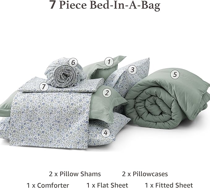 Monbix King Size Comforter Set - 7 Pieces Sage Green Prewashed Bed in a Bag King Bedding Sets with Comforters, All Seasons Ultra Soft Comforter Bed Set with Sheets,Pillowcases & Shams