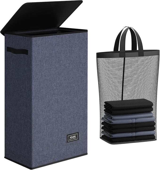 SOLEDI Slim Laundry Hamper with Lid, Narrow Laundry Basket with Removable Bags, Dirty Clothes Hamper with handle, Small Hamper perfect for Laundry room, Bathroom, Bedroom, Small spaces. 70L Navy Blue by SOLEDI