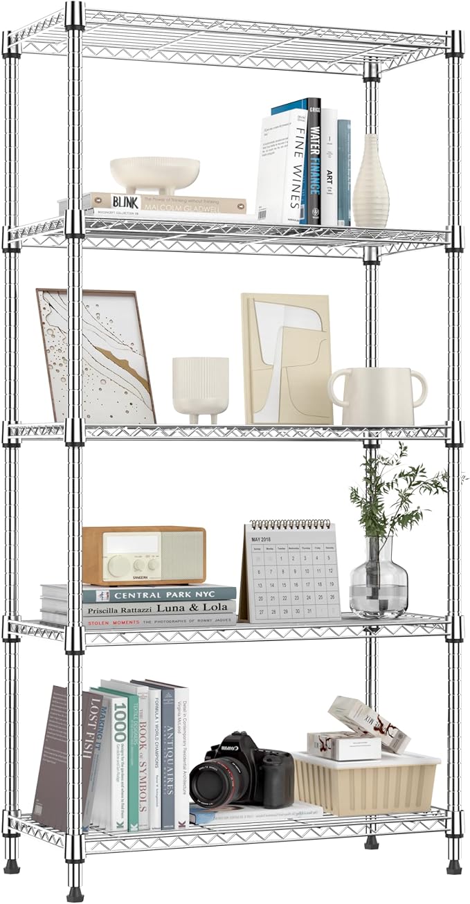 M MZG 1250 lbs 5 Tier Shelf Metal Storage Shelves Shelving Wire Rack Heavy Duty Closet Organizers for Garage Kitchen Bathroom Laundry Chrome 13.8" D x 29.5" W x 59.5" H by MEIGAOPLASTICANDMETALHKCOLIMITED