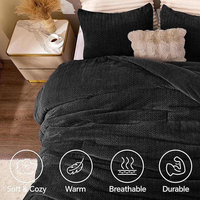 Flannel Fleece Twin Comforter Set - Furry Black Leaves Pattern Faux Fur Bed Set, Winter Ultra Soft Fuzzy Comfort Set, Velvet Bedding Set for Bed with 1 Pillow case