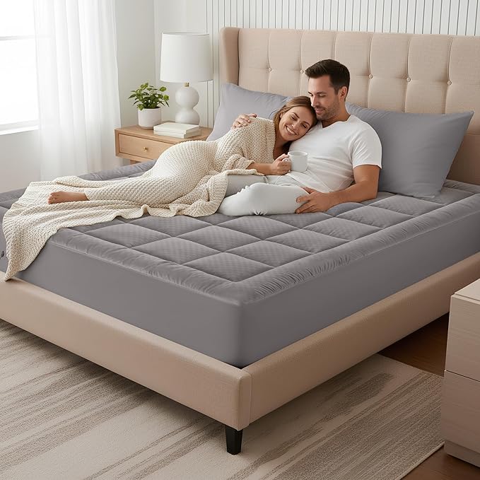 OLANLY Full Quilted Fitted Mattress Pad, Elastic Fitted Mattress Topper, Cooling Soft Mattress Cover Stretches up to 21 Inches Deep, Machine Washable Mattress Protector (54x75 inch, Light Grey)