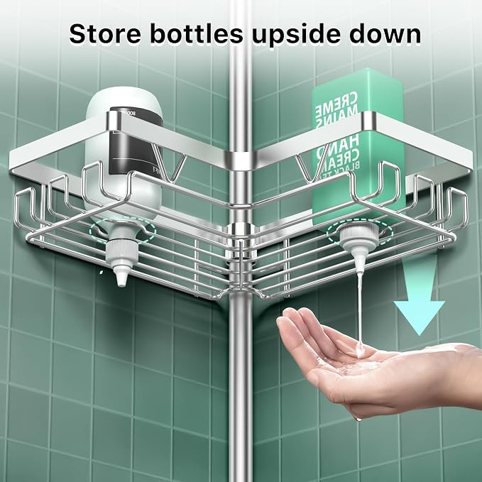 DAOYA Shower Caddy Tension Pole - Corner Shower Shelves with Soap Holder Bathroom Shower Organizer for Tub (Stainless Steel, Silver, Floor to Ceiling 25-114.2 inch) - Image 5