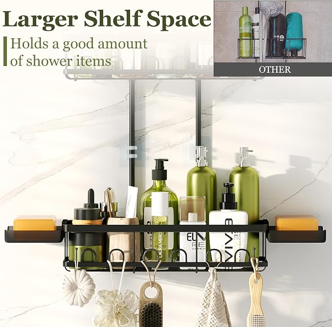 Skyapex Shower Caddy Hanging: Adjustable Height Organizer for Over Showerhead - Black Rustproof Shower Shelves with Hooks & 2 Soap Holders - Image 4
