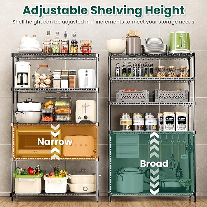 5-Tier Storage Shelves 72" H Wire Shelving, Adjustable Metal Shelving Pantry Shelves, 1325LBS Heavy Duty Rack with Shelf Liners for Garage Commercial Kitchen, 36" W x 14" D x 72" H, Black - Image 6