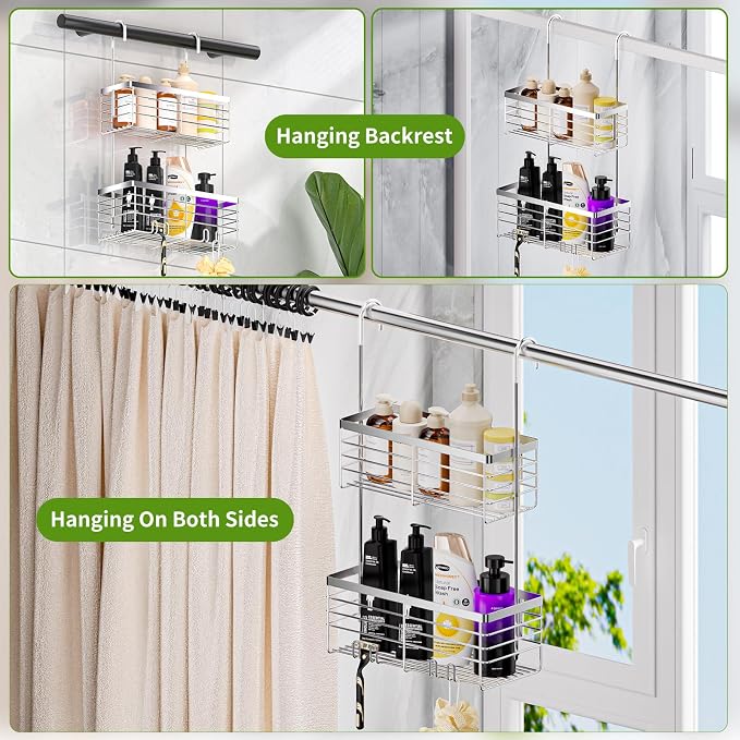 SHANSHUI Shower Hanging Caddy, Double Bathroom Showers Organizer Basket, Shampoo Bracket, Over Door Shower Rack with Hooks, 304 Stainless Steel Rustproof - Image 2