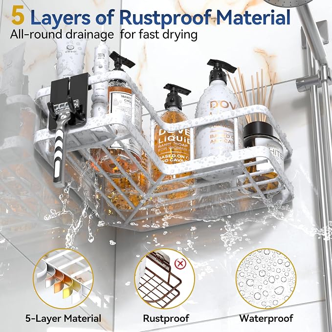 YASONIC Corner Shower Caddy, 5-Pack Adhesive Rustproof Stainless Steel Shower Organizer with Soap Holder, No Drilling Shower Shelf for Inside Shower, Dorm, Renters, White - Image 4