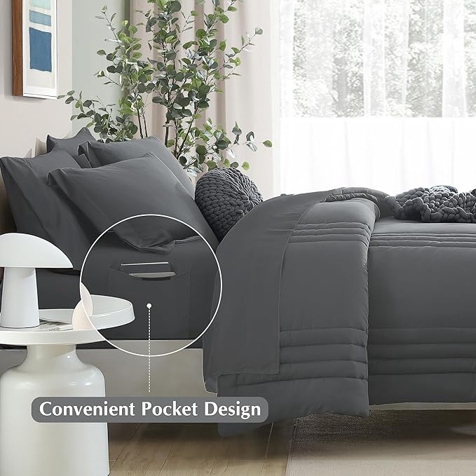 Monbix Super King Plus Size Comforter Set - 7 Pieces Bright Gray Bed in a Bag Super King Plus Bedding Sets with Comforters, All Seasons Comforter Bed Set with Sheets,Pillowcases & Shams