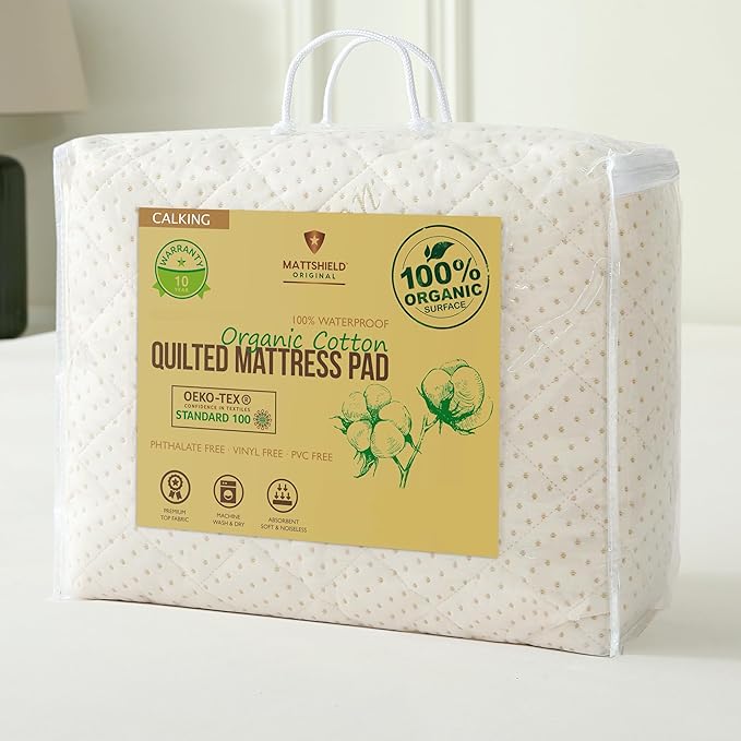 Luxury Quilted Organic Cotton Mattress Protector Calif King Size - Premium 380 GSM Waterproof & Breathable Pad - Deep Pocket Fitted Cover - Soft & Silent Protection